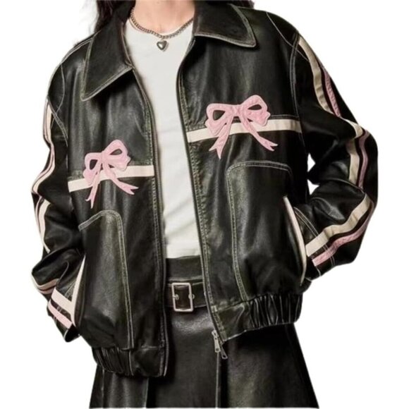 Y2k Leather Jacket  Pink Bowtie Graphic and Jacket Womens Vintage Crop - Picture 1 of 6